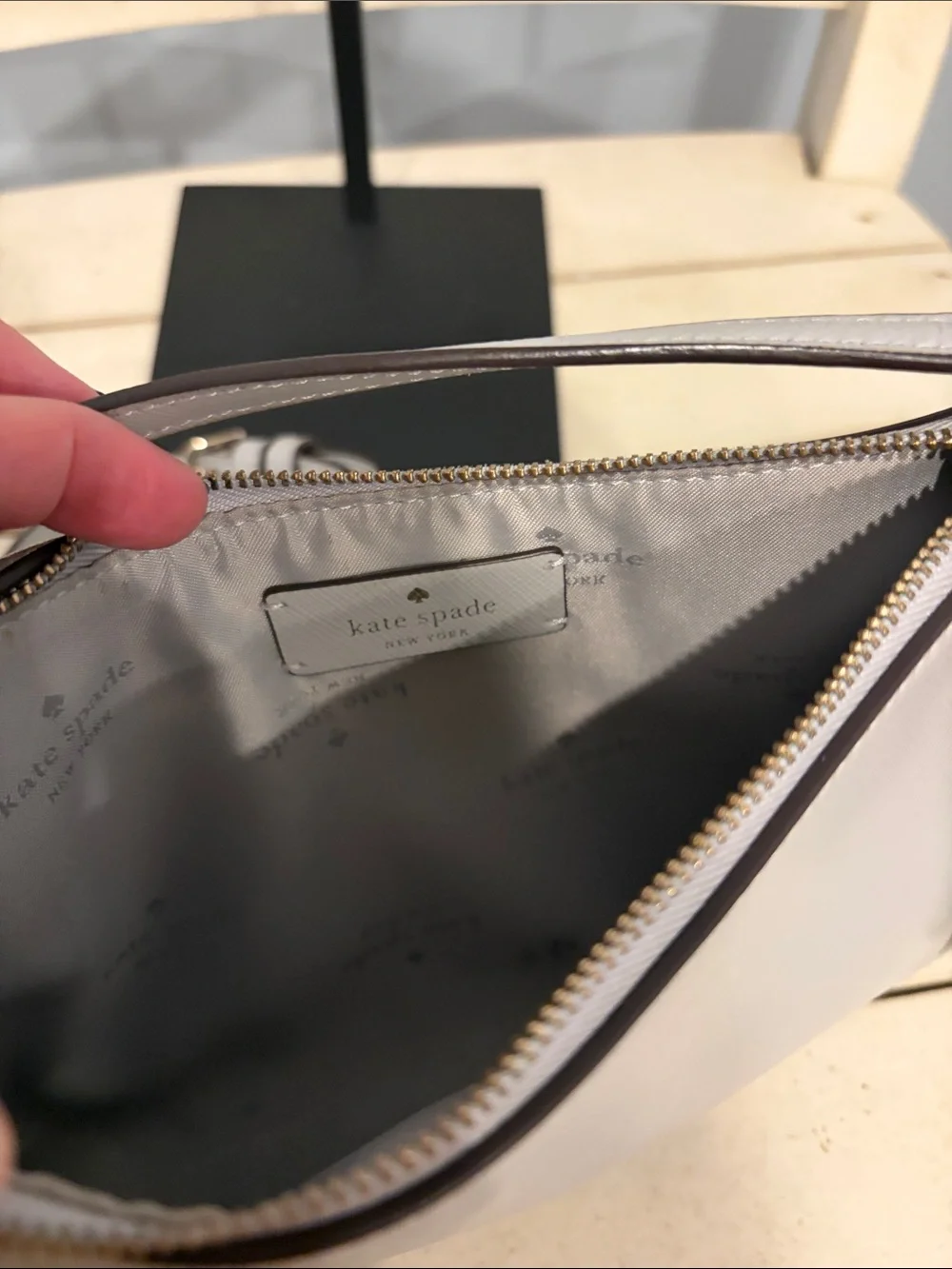 kate spade Sadie Pale Gray Saffiano Crossbody with Gold Hardware